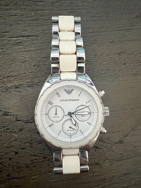 Emporio Armani Silver and White Chronograph Bracelet Watch